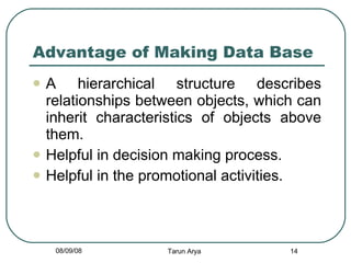 Advantage of Making Data Base A hierarchical structure describes relationships between objects, which can inherit characteristics of objects above them. Helpful in decision making process. Helpful in the promotional activities. 