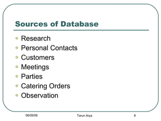 Sources of Database Research Personal Contacts Customers Meetings Parties Catering Orders Observation  