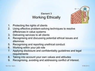 Element 3
                       Working Ethically

   1. Protecting the rights of clients
   2. Using effective problem-solving techniques to resolve
      differences in value systems
   3. Delivering services to all clients
   4. Recognising and discussing potential ethical issues and
      dilemmas
   5. Recognising and reporting unethical conduct
   6. Working within your job role
   7. Applying disclosure and confidentiality guidelines and legal
      requirements
   8. Taking into account your own values and attitudes
   9. Recognising, avoiding and addressing conflict of interest.
Nerrilyn Agius                       1                               9/08/2012
 