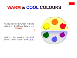 +
WARM & COOL COLOURS
All the colours between red and
yellow on the Colour Wheel are
WARM.
All the colours on the other half
of the Colour Wheel are COOL.