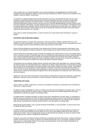 entre os dedos que é um caráter hereditário e que se crêem herdada de uma antepassada foca. Histórias sobre
donzelas focas são contadas em Shetland, onde as focas são chamadas de "Selkies", assim como em Highland, onde
recebem o nome de "Roane". Conta-se que:

Um pescador viu algumas dessas lindas donzelas dançando a beira-mar. Se arrastando até elas, sem ser visto e
escondeu uma das peles das focas-donzelas que se encontrava estendida sobre uma rocha perto da água. Mas,
quando perceberam a presença do homem estranho, correram para pegar suas peles de focas para vesti-las e
submergir rapidamente na água. Somente uma ficou para trás, buscando desesperadamente sua pele. Rogou em vão
para que o pescador a devolvesse, mas esse desejava casar-se com ela. E foi o que aconteceu, a donzela-foca tornou-
se uma boa esposa para o pescador, até que um dia encontrou sua pele de foca e correu para o mar, voltando a viver
novamente com seu primeiro marido. Diziam que de vez em quando ela voltava para transmitir seus conhecimentos
médicos aos filhos que teve com o pescador.

Como todos os relatos de esposas fadas, a união de mortais com imortais estão sempre destinadas a rupturas e
aflições.

ENCONTRO COM OS MESTRES ANIMAIS

Os animais se inserem em nossas vidas, queiramos ou não! E que poder e influência exercem sobre nós, como
partilham de nosso conhecimento, comunicam visões e nos ensinam formas instintivas da terra. As pessoas que vivem
uma vida mágica cultivam animais domésticos porque eles enriquecem nossas vidas.

Existe uma forma simples de você encontrar o seu mestre-animal. Procure um local reservado, tente relaxar, como
faria em outros trabalhos de profunda consciência, usando qualquer tipo de estado de transe que lhe vier facilmente.

Quando estiver bem concentrada e quieta, visualize uma paisagem que contenha terra, ar e mar; uma escarpa sobre o
mar ou uma praia com brisa. Vá até esse lugar e torne-se consciente de todos esses três domínios, experimentando-os
com o máximo de sentidos possível e tornando-se consciente da profusão de vida animal que lá habita: pássaros e
todos os seres alados; animais de pêlo que correm ou galopam; peixes e criaturas do mar, e todos os que nadam nas
águas da terra; os animais com chifres e com cascos que viajam em grandes manadas.

Conscientize-se de sua presença. Muitas pessoas que fazem essa viagem ficam espantadas com o grande variedade
de espíritos animais. Se você experimentar isso, participe de sua dança, metal e fisicamente. Torne-se parte do grande
fluxo de vida animal que atravessa a terra desde os tempos mais remotos. Celebre seu espírito e poder. Você acabará
sendo atraída por um animal, pássaro ou peixe específico. Vá até ele ou permita que ele venha até você e fique um
pouco com ele. Converse, dê-lhe boas-vindas, apresenta-se, diga-lhe por que veio e pergunte-lhe se deseja ser seu
mestre animal. O animal se fará entender de alguma forma e se sua resposta for não, espere por outro, até encontrar o
seu animal especial.

Depois que você e seu mestre animal tiverem se encontrado e passado algum tempo juntos, dançando ou passeando,
agradeça-o, dizendo-lhe que você entrará em contato novamente, e volte ao seu estado normal de consciência.

TERRITÓRIO DAS FADAS

Entre os latinos, os celtas, os germanos, e romanos, as divindades da natureza e dos elementos eram chamados de
"genius loci", o "gênio do local".

Os altares e templos consagrados as ninfas, as ondinas e aos silfos não eram edificados em qualquer parte, e sim em
determinados locais precisos. Do mesmo modo, as cidades se construíam em territórios eleitos entre todos pelas
qualidades dos "espíritos dos lugares" que habitavam neles.

Os antigos temiam os poderes das fadas, do mesmo modo que se maravilhavam com eles. Assim, os camponeses e
pastores nunca se aventuravam no interior de grutas construídas por fadas sem praticar uma oferenda aos gênios do
local. Essa oferenda podia resumir-se em um pequeno galho de determinada árvore, um pedaço de pão ou algumas
gotas de leite. Acompanhando a oferenda, devia ser feito um voto, para ganhar a confiança delas.

Muitas dessas grutas existiam, como: as grutas druídicas de Plombières; a "Cova das fadas", na cercania das ruínas
do castelo de Urfè; entre outras.

Corneille de Kempen nos assegura que, nos tempos de Lotario, havia em Frisia numerosas fadas que moravam em
cavernas, em torno das montanhas, e que só saíam com a luz da lua. Olaus Magnus disse que se viam muitas na
Suécia em seu tempo: "Têm por morada grutas escuras no mais profundo dos bosques; as vezes me mostram, falam
para aqueles que as consultam e desaparecem subitamente."

As colinas, os túmulos e as pedras druídicas também são consideradas obras das "boas damas". A alguns quilômetros
de Blois, entre Pont-Leroy e Thenay, se observa uma "Pedra da meia-noite" que, ao que parece, gira sobre si mesma
todos os anos na noite de Natal. Perto de Tours existe outra pedra giratória; se diz que as fadas a depositaram ali
sustentando-a com a ponta dos dedos.
 