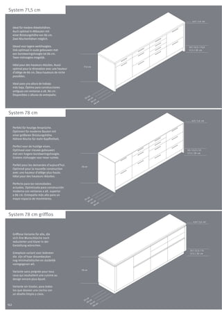 System 71,5 cm

                                                                             4,0 / 1,6 cm

      Ideal für niedere Arbeitshöhen.
      Auch optimal in Altbauten mit
      einer Brüstungshöhe von 86 cm.
      Zwei Nischenhöhen möglich.

      Ideaal voor lagere werkhoogtes.                                    10 / 12,5 / 15,0
      Ook optimaal in oude gebouwen met                                  17,5 / 20 cm
      een borstweringshoogte tot 86 cm.
      Twee nishoogtes mogelijk.

      Idéal pour des hauteurs réduites. Aussi
                                                     71,5 cm
      optimal pour la rénovation avec une hauteur
      d‘allège de 86 cm. Deux hauteurs de niche
      possibles.

      Ideal para una altura de trabajo
      más baja. Óptimo para construcciones
      antiguas con ventanas a alt. 86 cm.
      Disponibles 2 alturas de entrepaño.
                                                         cm
                                                       35 6 cm
                                                         4      cm
                                                             56    cm
                                                                66



System 78 cm
                                                                            4,0 / 1,6 cm


      Perfekt für heutige Ansprüche.
      Optimiert für moderne Bauten mit
      einer größeren Brüstungshöhe.
      Höhere Nische für mehr Kopffreiheit.

      Perfect voor de huidige eisen.
      Optimaal voor nieuwe gebouwen                                     10 / 12,5 / 15
      met een hogere borstweringshoogte.                                17,5 / 20 cm

      Grotere nishoogte voor meer ruimte.

      Parfait pour les demandes d‘aujourd‘hui.      78 cm
      Optimisé pour la nouvelle construction
      avec une hauteur d‘allège plus haute.
      Idéal pour des hauteurs réduites.

      Perfecto para las necesidades
      actuales. Optimizado para construcción
      moderna con ventanas a alt. superior
      a 86 cm. Entrepaño más alto para un
      mayor espacio de movimiento.                      cm
                                                      35 6 cm
                                                        4      cm
                                                            56    cm
                                                               66



System 78 cm grifflos
                                                                              4,0 / 1,6 cm




      Grifflose Variante für alle, die
      sich ihre Wunschküche noch
      reduzierter und klarer in der
      Gestaltung wünschen.
                                                                          10 / 12,5 / 15
      Greeploze variant voor iedereen                                     17,5 / 20 cm
      die zijn of haar droomkeuken
      nog minimalistischer en duidelijk
      vormgegeven wil.
                                                    78 cm
      Variante sans poignée pour tous
      ceux qui souhaitent une cuisine au
      design encore plus épuré.

      Variante sin tirador, para todos
      los que desean una cocina con
      un diseño limpio y claro.
                                                        cm
                                                      35 6 cm
                                                        4      cm
102                                                         56    cm
                                                               66
 