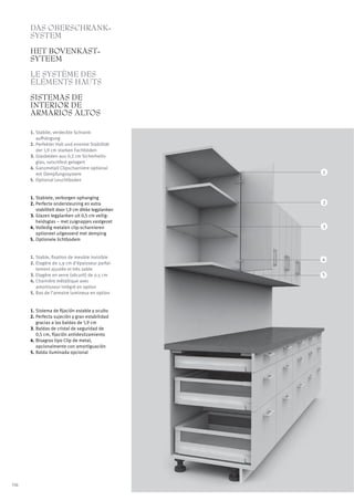 DAS OBERSCHRANK-
      SYSTEM
      HET BOVENKAST-
      SYTEEM
      LE SYSTÈME DES
      ÉLÉMENTS HAUTS
      SISTEMAS DE
      INTERIOR DE
      ARMARIOS ALTOS

      1. Stabile, verdeckte Schrank-
         aufhängung
      2. Perfekter Halt und enorme Stabilität
         der 1,9 cm starken Fachböden
      3. Glasböden aus 0,5 cm Sicherheits-
         glas, rutschfest gelagert
      4. Ganzmetall Clipscharniere optional
         mit Dämpfungssystem                        1
      5. Optional Leuchtboden


      1. Stabiele, verborgen ophanging
      2. Perfecte ondersteuning en extra            2
         stabiliteit door 1,9 cm dikke legplanken
      3. Glazen legplanken uit 0,5 cm veilig-
         heidsglas – met zuignapjes vastgezet
      4. Volledig metalen clip-scharnieren          3
         optioneel uitgevoerd met demping
      5. Optionele lichtbodem


      1. Stable, fixation de meuble invisible
                                                    4
      2. Etagère de 1,9 cm d’épaisseur parfai-
         tement ajustée et très sable
      3. Etagère en verre (sécurit) de 0.5 cm       5
      4. Charnière métallique avec
         amortisseur intégré en option
      5. Bas de l’armoire lumineux en option


      1. Sistema de fijación estable y oculto
      2. Perfecta sujeción y gran estabilidad
         gracias a las baldas de 1,9 cm
      3. Baldas de cristal de seguridad de
         0,5 cm, fijación antideslizamiento
      4. Bisagras tipo Clip de metal,
         opcionalmente con amortiguación
      5. Balda iluminada opcional




116
 