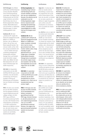 Zertifizierung                  Certificering                   Certifications                   Certificación

GS-Prüfsiegel: Das Möbel-       GS-Keuringsbewijs: Het          Sigle GS : L’institut de con-   Sello GS: El instituto de
prüfinstitut LGA-Nürnberg hat   meubelkeurings-instituut        trôle du meuble LGA de          inspección de muebles LGA-
unsere aktuellen Modelle        LGA Nürnberg heeft onze         Nuremberg a soumis tous         Nürnberg ha sometido los
einer Sicherheitsprüfung        actuele modellen onderwor-      les programmes de la pré-       modelos de cocina Schüller
unterzogen. Als Ergebnis der    pen aan een veiligheidson-      sente nomenclature à des        a una inspección de seguri-
Prüfung wurde das GS-Prüf-      derzoek. Als uitkomst van dit   tests de sécurité. Le résultat  dad. Como resultado de la
siegel verliehen und mithin     onderzoek is ons het            de ces tests a permis de        revisión se ha otorgado el
bescheinigt, dass die an        GS-Keuringsbewijs toege-        délivrer le sigle GS garantis-  sello GS, mediante el cual
Bedienungskomfort, Belast-      kend en daarmee wordt           sant confort, sécurité          se certifica que se cumplen
barkeit, Materialkonstanz       bevestigd dat bedienings-       d’utilisation et constance      íntegramente los requisitos
und Sicherheit zu stellenden    comfort, belastbaarheid,        dans la qualité des matéri-     en materia de confort de
Anforderungen in vollem         materiaalgebruik en veilig-     aux utilisés.                   manejo, carga admisible,
Umfang gewahrt sind.            heid aan de hoogste eisen                                       consistencia del material y
                                voldoen.                        Le « M d’or » est un signe de seguridad.
Goldenes M: Mit dem                                             la communauté allemande
„Goldenen M“ vergibt die        Goldenes M: Met de              de qualité des meubles          „M de oro“: Con el „M de
Deutsche Gütegemeinschaft       „Goldenes M” verklaart de       (DGM) qui n’est donné           oro“ la Deutsche Güte-
Möbel e.V. (DGM) ein            Deutsche Gütegemeinschaft       qu’aux meubles examinés         gemeinschaft Möbel e.V.
Zeichen, das nur Möbel er-      Möbel e.V. (DGM) dat u          sur toutes les coutures. Il est (DGM) otorga un sello que
halten, die auf Herz und        alleen meubelen ontvangt        indispensable qu’ils soient     solamente reciben aquellos
Nieren geprüft werden. Sie      die in hart en nieren           solides, sûrs, résistants et    muebles que se inspeccio-
müssen stabil, sicher, halt-    gecontroleerd zijn. Deze        bien finis – et sans ingré-     nan de forma exhaustiva.
bar und gut verarbeitet sein    moeten stabiel, zeker, hoog-    dients dangereux pour la        Estos muebles han de ser
– und sie dürfen keine ge-      waardig en goed                 santé. Par des tests rigou-     estables, seguros, durade-
sundheitsschädigenden           geproduceerd zijn – en zij      reux et des contrôles perma- ros y estar bien elaborados,
Inhaltsstoffe enthalten.        mogen geen schadelijke          nents, il est assuré que les    y no deben contener sustan-
Strenge Tests und fortwäh-      bestanddelen bevatten.          meubles avec le sigle RAL       cias nocivas para la salud.
rende Kontrollen sorgen         Strenge tests en voortduren-    satisfassent aux exigences      Mediante rigurosas pruebas
dafür, dass Möbel mit dem       de controle zorgen ervoor       de la DGM.                      y constantes controles se
RAL-Gütezeichen den sehr        dat meubelen met het RAL-                                       asegura que los muebles
hohen Anforderungen der         keuringsbewijs aan de zeer      ISO 9001 : En septembre         con el sello RAL satisfacen
DGM entsprechen.                hoge eisen van de DGM           2009, on nous a décerné le      los elevados requisitos exi-
                                voldoen.                        certificat de gestion de qua- gidos por DGM.
ISO 9001: Im September                                          lité EN ISO 9001:2008 qui
2009 wurde uns das QM-          ISO 9001: In september          règle l’orientation envers le   ISO 9001: En septiembre
Zertifikat EN ISO 9001:2008     2009 werd ons het QM-           client ainsi que la qualité du de 2009 se nos otorgó el
verliehen, das die Kunden-      certificaat EN ISO 9001:2008    processus de fabrication en certificado de calidad
orientierung und Prozess-       verleend, dat de klant-         référence aux exigences et à EN ISO 9001:2008, el cual
qualität in Bezug auf           tevredenheid en proces-         la satisfaction du client par   regula la orientación al
Anforderung und Zufrieden-      kwaliteit m.b.t. eisen van en   rapport au produit et au        cliente y la calidad de proce-
heit am Produkt und Design      tevredenheid over het           design.                         so en relación con los requi-
regelt.                         product regelt.                                                 sitos y la satisfacción en
                                                                PEFC : En 2010, nous ont        torno al producto y diseño.
PEFC: Im Jahre 2010 wurden      PEFC: In het jaar 2010 zijn     été certifiés avec le logo
wir von der PEFC-Initiative,    wij door het PEFC-initiatief,   PEFC. L’initiative PEFC         PEFC: En el año 2010 recibi-
die die weltweite Verbesse-     die de wereldwijde bos-         poursuit l’amélioration de      mos la certificación PEFC,
rung der Waldnutzung und        beheer controleert,             l’exploitation et de            que tiene como fin el cuida-
-pflege verfolgt, mit dem       gecertificeerd met het          l’entretien des forêts. La      do y mejora del uso de nue-
PEFC-Logo zertifiziert.         PEFC-logo. Vereiste hiervoor    condition impérative, c’est     stros bosques. Como condi-
Grundvoraussetzung hierfür      is, dat alle producten van      que tous les produits d’une ción indispensable tenemos
ist, dass alle Produkte eines   een onderneming tenminste       entreprise contiennent au       que demostrar que por lo
Unternehmens mindestens         voor 70 % uit PEFC-             moins 70 % de matériaux         menos el 70 % de las
70 % PEFC-zertifiziertes        gecertificeerd materiaal        certifié par PEFC de forêts,    maderas que usamos proce-
Material aus Wäldern enthal-    bestaan, die volgens het        qui sont considérées selon      de de bosques con procesos
ten, die nach einem aner-       gerenommeerde bosbeheer-        un système de certification     certificados reconocidos.
kannten Waldzertifizierungs-    systeem als duurzaam            de forêt, comme exploitées
system als nachhaltig           gelden.                         de façon durable.
bewirtschaftet gelten.




                                                     Made in Germany

134
 
