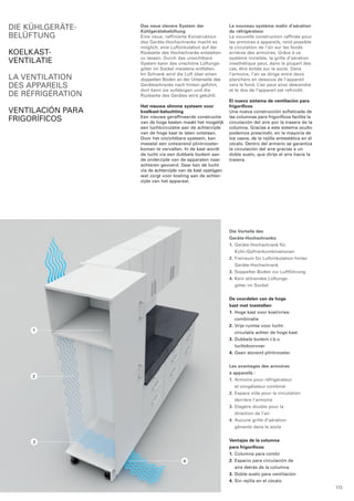 4 
1 
2 
3 
Die Vorteile des 
Geräte-Hochschranks: 
1. Geräte-Hochschrank für 
Kühl-/Gefrierkombinationen 
2. Freiraum für Luftzirkulation hinter 
Geräte-Hochschrank 
3. Doppelter Boden zur Luftführung 
4. Kein störendes Lüftungs-gitter 
im Sockel 
De voordelen van de hoge 
kast met toestellen: 
1. Hoge kast voor koel/vries-combinatie 
2. Vrije ruimte voor lucht-circulatie 
achter de hoge kast 
3. Dubbele bodem t.b.v. 
luchtdoorvoer 
4. Geen storend plintrooster 
Les avantages des armoires 
à appareils : 
1. Armoire pour réfrigérateur 
et congélateur combiné 
2. Espace vide pour la circulation 
derrière l’armoire 
3. Etagère double pour la 
direction de l’air 
4. Aucune grille d’aération 
gênante dans le socle 
Ventajas de la columna 
para frigoríficos: 
1. Columna para combi 
2. Espacio para circulación de 
aire detrás de la columna 
3. Doble suelo para ventilación 
4. Sin rejilla en el zócalo 
Das neue clevere System der 
Kühlgerätebelüftung 
Eine neue, raffinierte Konstruktion 
des Geräte-Hochschranks macht es 
möglich, eine Luftzirkulation auf der 
Rückseite des Hochschranks entstehen 
zu lassen. Durch das unsichtbare 
System kann das unschöne Lüftungs­gitter 
im Sockel meistens entfallen. 
Im Schrank wird die Luft über einen 
doppelten Boden an der Unterseite des 
Geräteschranks nach hinten geführt, 
dort kann sie aufsteigen und die 
Rückseite des Gerätes wird gekühlt. 
Het nieuwe slimme systeem voor 
koelkast-beluchting 
Een nieuwe geraffineerde constructie 
van de hoge kasten maakt het mogelijk 
een luchtcirculatie aan de achterzijde 
van de hoge kast te laten ontstaan. 
Door het onzichtbare systeem, kan 
meestal een ontsierend plintrooster-komen 
te vervallen. In de kast wordt 
de lucht via een dubbele bodem aan 
de onderzijde van de apparaten naar 
achteren gevoerd. Daar kan de lucht 
via de achterzijde van de kast opstijgen 
wat zorgt voor koeling aan de achter­zijde 
van het apparaat. 
Le nouveau système malin d’aération 
du réfrigérateur 
La nouvelle construction raffinée pour 
les armoires à appareils, rend possible 
la circulation de l’air sur les fonds 
arrières des armoires. Grâce à ce 
système invisible, la grille d’aération 
inesthétique peut, dans la plupart des 
cas, être évitée sur le socle. Dans 
l’armoire, l’air se dirige entre deux 
planchers en dessous de l’appareil 
vers le fond. L’air peut ainsi descendre 
et le dos de l’appareil est refroidit. 
El nuevo sistema de ventilación para 
frigoríficos 
Una nueva construcción sofisticada de 
las columnas para frigoríficos facilita la 
circulación del aire por la trasera de la 
columna. Gracias a este sistema oculto 
podemos prescindir, en la mayoría de 
los casos, de la rejilla antiestética en el 
zócalo. Dentro del armario se garantiza 
la circulación del aire gracias a un 
doble suelo, que dirije el aire hacia la 
trasera. 
Die Kühlgeräte-belüftung 
KOELKAST-VENTILATIE 
La ventilation 
des appareils 
de réfrigération 
Ventilación para 
Frigoríficos 
113 
 