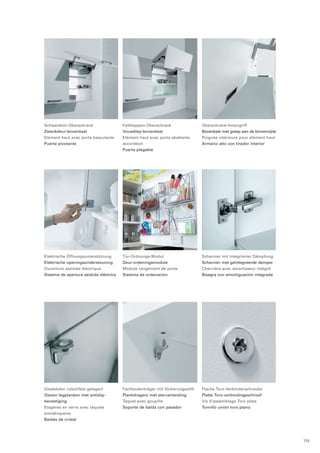 Faltklappen-Oberschrank 
Vouwklep-bovenkast 
Elément haut avec porte abattante 
accordéon 
Puerta plegable 
Schwenktür-Oberschrank 
Zwenkdeur-bovenkast 
Elément haut avec porte basculante 
Puerta pivotante 
Oberschrank-Innengriff 
Bovenkast met greep aan de binnenzijde 
Poignée intérieure pour élément haut 
Armario alto con tirador interior 
Elektrische Öffnungsunterstützung 
Elektrische openingsondersteuning 
Ouverture assistée électrique 
Sistema de apertura asistida eléctrica 
Scharnier mit integrierter Dämpfung 
Scharnier met geïntegreerde demper 
Charnière avec amortisseur intégré 
Bisagra con amortiguación integrada 
Tür-Ordnungs-Modul 
Deur-ordeningsmodule 
Module rangement de porte 
Sistema de ordenación 
Glasböden rutschfest gelagert 
Glazen legplanken met antislip-bevestiging 
Etagères en verre avec taquets 
antidérapants 
Baldas de cristal 
Fachbodenträger mit Sicherungsstift 
Plankdragers met stervertanding 
Taquet avec goupille 
Soporte de balda con pasador 
Flache Torx-Verbinderschraube 
Platte Torx-verbindingsschroef 
Vis d‘assemblage Torx plate 
Tornillo unión torx plano 
115 
 