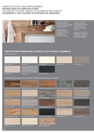 Arbeitsplatten und korpusfarben 
werkbladen en korpuskleuren 
coloris de plan de travail et extérieur de caisson 
encimeras y los colores extEriores de armazón 
Arbeitsplatten | werkbladen | coloris de plan de travail | Lencimeras 
uni | uni | uni | Uni 
K090 Kristallweiß K100S Weiß K135S Magnolia K130 Champagner K445 Trüffelbraun 
K210 Sandgrau K235 Steingrau K190 Lavaschwarz 
holzdekor nachbildung | HOUTDECOR print | DÉCOR BOIS | DECORACIÓN DE MADERA 
K004 Butcherblock Nuss dunkel NB K005 Butcherblock Nuss mittel NB K006 Meran Zwetschge natur NB K009 Stirnholz platingrau NB K014 Eiche havanna braun NB 
K083 Coco Bolo K605 Berglärche natur NB K615 Silberlärche NB K620 Samo Eiche naturbraun NB K625 Belfort Eiche muskat NB 
K630 Ulme natur NB K670 Bergeiche platin NB K680 Nussbaum natur NB K690 Eiche hell NB K705 Wenge havanna NB 
K725 Kernbuche natura NB K730 Eiche astig natur NB K735 Kastanie basalt NB K760 Akazie natur NB K775 Akazie brasil NB 
K800 Ahorn natur NB K825 Pinie magnolia NB K845 Fichte chalet NB 
Arbeitsplatte, Korpus und 
Nischenverkleidung im 
harmonischen Zusammenspiel. 
Ebensogut sind spannende 
Kontraste wählbar. 
Werkblad, korpus en 
niswandbekleding in 
harmonisch samenspel. 
Naar keuze ook de 
mogelijkheid voor 
spannende contrasten. 
Les coloris des plans de 
travail, des caissons et 
des habillages de crédence 
peuvent s’harmoniser. 
Néanmoins vous pouvez 
­réaliser 
des contrastes 
­fascinants. 
Encimeras, armazones y 
entrepaños en armonisante 
combinación. Igualmente 
bien son los contrastes 
cautivadores elegibles. 
130 
 