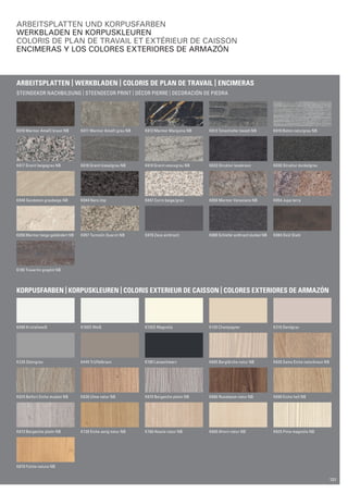 Arbeitsplatten und korpusfarben 
werkbladen en korpuskleuren 
coloris de plan de travail et extérieur de caisson 
encimeras y los colores extEriores de armazón 
Arbeitsplatten | werkbladen | coloris de plan de travail | encimeras 
steindekor nachbildung | STEENDECOR print | DÉCOR PIERRE | DECORACIÓN DE PIEDRA 
K010 Marmor Amalfi braun NB K011 Marmor Amalfi grau NB K012 Marmor Marquina NB K013 Tonschiefer basalt NB K016 Beton naturgrau NB 
K017 Granit beigegrau NB K018 Granit kieselgrau NB K019 Granit vesuvgrau NB K033 Struktur lavabraun K036 Struktur dunkelgrau 
K040 Sandstein graubeige NB K044 Nero imp K047 Corro beige/grau K050 Marmor Veneziano NB K054 Jupa terra 
K056 Marmor beige gebändert NB K057 Turmalin Quarzit NB K078 Zeus anthrazit K080 Schiefer anthrazit dunkel NB K084 Oxid Stahl 
K195 Travertin graphit NB 
korpusfarben | korpuskleuren | COLORIS EXTERIEUR DE CAISSON | COLORES EXTERIORES DE ARMAZÓN 
K090 Kristallweiß K100s Weiß K135S Magnolia K130 Champagner K210 Sandgrau 
K235 Steingrau K445 Trüffelbraun K190 Lavaschwarz K605 Berglärche natur NB K620 Samo Eiche naturbraun NB 
K625 Belfort Eiche muskat NB K630 Ulme natur NB K670 Bergeiche platin NB K680 Nussbaum natur NB K690 Eiche hell NB 
K673 Bergeiche platin NB K730 Eiche astig natur NB K760 Akazie natur NB K800 Ahorn natur NB K825 Pinie magnolia NB 
K870 Fichte natura NB 
131 
 