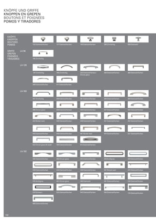Knöpfe und griffe 
Knoppen en grepen 
boutons et poignées 
pomos y Tiradores 
LA 96 
133 Edelstahlfarben 137 Edelstahlfarben 140 Edelstahlfarben 298 Zinnfarbig 509 Edelstahl 
195 Zinnfarbig 
LA 128 
197 Zinnfarbig 199 Zinnfarbig 333 Edelstahlfarben/ 
Chrom glanz 
356 Edelstahlfarben 360 Edelstahlfarben 
389 Edelstahlfarben 411 Edelstahlfarben 
LA 160 
357 Zinnfarbig 359 Edelstahlfarben 361 Edelstahlfarben 380 Edelstahlfarben 383 Edelstahlfarben 
386 Chrom glanz 425 Edelstahlfarben 426 Edelstahlfarben 427 Edelstahlfarben 442 Edelstahlfarben 
444 Nickel matt 446 Edelstahlfarben 448 Edelstahlfarben 451 Edelstahlfarben 452 Edelstahlfarben 
455 Edelstahlfarben 459 Edelstahlfarben 461 Nickel matt 474 Edelstahlfarben 521 Edelstahlfarben 
522 Chrom glanz/Kristall 784 Edelstahlfarben 912 Edelstahlfarben 
LA 192 
392 Edelstahlfarben 393 Chrom glanz 422 Edelstahlfarben 428 Antikgrau 429 Edelstahlfarben 
430 Edelstahlfarben 434 Edelstahlfarben 436 Edelstahlfarben 457 Nickel matt 475 Edelstahlfarben 
476 Antikgrau 481 Chrom glanz 486 Edelstahl 491 Edelstahlfarben 518 Edelstahlfarben 
519 Schwarz 524 Edelstahlfarben 545 Edelstahlfarben 550 Edelstahlfarben 776 Edelstahlfarben 
866 Edelstahlfarben 
KNÖPFE 
Knoppen 
Boutons 
Pomos 
GRIFFE 
Grepen 
poignéesT 
iradores 
132 
 