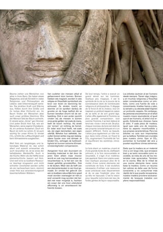 Bäume ziehen uns Menschen von 
jeher in ihren Bann. Sie haben etwas 
Magisches, sind als Sinn­bild 
in vielen 
Religionen und Phi­lo­sophien 
als 
Lebens- oder Er­kennt­nisquell 
ver­tre­ten. 
Sie strahlen Kraft und Wärme 
aus, flößen durch ihre Größe und 
ihr hohes Alter Ehrfurcht ein. Im 
Baum finden wir Menschen aber 
auch unser größtes Gleichnis: Wie 
der Mensch lebt der Baum aufrecht. 
Er streckt seine „Arme“ gen Himmel. 
Und jedes Stück Holz hat, wie wir 
Menschen, seine eigene Charak­teris­tik, 
ein anderes Aussehen. Doch ein 
Baum ist nicht nur schön. Er ist auch 
wichtig für unser Klima: Er bin­det 
CO², erhöht die Luftfeuch­tig­keit 
und 
kann Klima­extreme 
ausgleichen. 
Weil Holz ein langlebiges und le­ben­diges 
Material ist, das schön 
altert und sowohl erneuerbar als 
auch recycelbar ist, ist es eines der 
beliebtesten Werkstoffe. Auch in 
der Küche. Mehr als die Hälfte einer 
elementa-Küche basiert auf Holz. 
Und weil eine so kostbare Res­sour­ce 
überlegt eingesetzt und nicht 
schneller verarbeitet werden sollte 
als sie nachwachsen kann, stammt 
unser Holz aus verantwor­tungsvoll 
bewirtschafteten Wäldern. 
Van oudsher zijn mensen altijd al 
gefascineerd door bomen. Bomen 
hebben iets magisch, worden in vele 
religies en filosofieën symbolisch als 
bron van leven en bezinning be­schouwd. 
Ze stralen kracht en 
warmte uit en spreken dankzij de 
grootte en de hoge leeftijd die ze 
kunnen bereiken enorm tot de ver­beelding. 
Ook in een ander op­zicht 
vinden wij als mensen in bomen 
onze grote gelijke: net zoals de mens, 
leeft de boom rechtop. Hij strekt 
zijn ‘armen’ uit richting de hemel. 
En ieder stuk hout heeft, net zoals 
wij, zijn ­eigen 
ken­merken, 
een eigen 
uiterlijk. Behalve hun esthetiek, ver­vullen 
­bomen 
echter nog een belang­rijkere 
functie voor ons klimaat: ze 
binden CO², ver­hogen 
de lucht­voch­tig­­heid 
en kunnen extreme kli­maat- 
­omstan­dig­heden 
compen­seren. 
Aangezien hout een duurzaam en 
levendig materiaal is dat door de 
jaren heen alleen maar mooier 
wordt en ook nog hernieuwbaar en 
recycleerbaar is, is het een van de 
meest geliefde grondstoffen. Ook 
in de keuken. Meer dan de helft van 
een elementa-keuken is van hout ge­maakt. 
En omdat het gebruik van 
een zo kostbare natuurlijke bron goed 
moet worden overwogen en niet zo 
snel verwerkt mag worden dat her­stel 
niet meer ­mogelijk 
is, hechten 
wij eraan dat ons hout uitsluitend 
afkomstig is uit verant­woord 
be­heerde 
bossen. 
De tout temps, l’arbre a exercé un 
grand attrait sur les hommes. 
Quelque peu magique, il est le 
symbole de la vie ou la source de la 
connaissance dans de nombreuses 
religions et philosophies. Il dégage 
de la force et de la chaleur, tout en 
inspirant un profond respect en raison 
de sa taille et de son grand âge. 
L’arbre offre également à l’homme sa 
plus grande compa­raison 
: tout 
comme l’homme, il se tient debout et 
tend ses « bras » vers le ciel. De plus, 
chaque morceau de bois est doté de 
ses propres caractéristiques et a un 
aspect différent. Outre sa beauté, 
l’arbre joue également un rôle ma­jeur 
dans notre climat, en fixant le 
CO², augmentant l’humidité de l’air 
et équilibrant les extrêmes clima­tiques. 
Le bois étant un matériau vivant et 
d’une grande durée de vie, vieillissant 
joliment, à la fois renouvel­able 
et 
recyclable, il s’agit d’un matériau 
très apprécié. Dans une cuisine aussi. 
Ceci explique pourquoi plus de la 
moitié d’une ­cuisine 
elementa est 
constituée de bois. Il est toutefois 
nécessaire d’utiliser une ressource 
aussi pré­cieuse 
avec discernement 
et de ne pas l’exploiter plus vite 
qu’elle ne repousse. C’est la raison 
pour laquelle notre bois est issu de 
forêts gérées de façon responsable. 
Los árboles cautivan al ser humano 
desde siempre. Tienen algo mágico, 
y en muchas religiones y filosofías 
están considerados como un sím­bolo, 
como una fuente de vida o 
conocimiento. Irradian fuerza y calor, 
su tamaño y su elevada edad inspiran 
un profundo respeto. Sin embargo, 
las personas encontramos en el árbol 
nuestro mayor equi­valente: 
al igual 
que el ser humano, el árbol vive er­guido. 
Extiende sus «brazos» hacia 
el cielo. Y cada pieza de madera, 
igual que cada uno de nosotros, 
tiene su aspecto inconfundible y 
sus propias características. Pero los 
árboles no solo son importantes 
por su belleza. También son cruciales 
para nuestro clima: fijan el CO², 
­aumentan 
la humedad del aire y 
pueden equilibrar climas extremos. 
Dado que la madera es un material 
vivo y con larga vida, que envejece 
bien y es tanto renovable como re­ciclable, 
se trata de uno de los ma­teriales 
más apreciados. También 
en la cocina. Más de la mitad de 
una cocina elementa tiene como 
base la madera. Como un recurso 
tan valioso se debe usar de forma 
consciente y no consumirse más 
rápido de lo que puede recuperarse, 
nuestra madera proviene exclusiva­mente 
de bosques tratados con 
plena responsabilidad. 
 