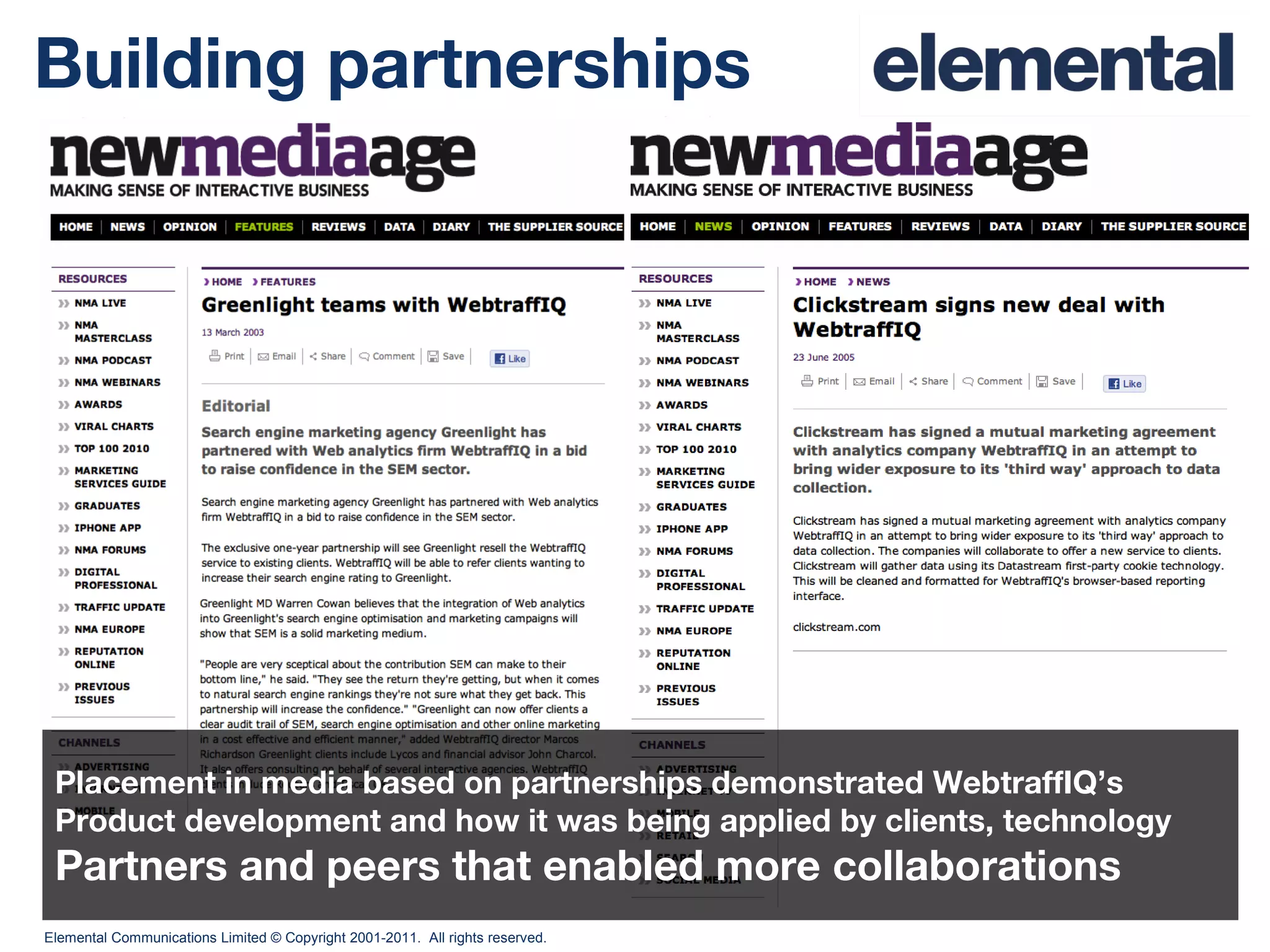 Building partnerships Placement in media based on partnerships demonstrated WebtraffIQ’s Product development and how it was being applied by clients, technology Partners and peers that enabled more collaborations 
