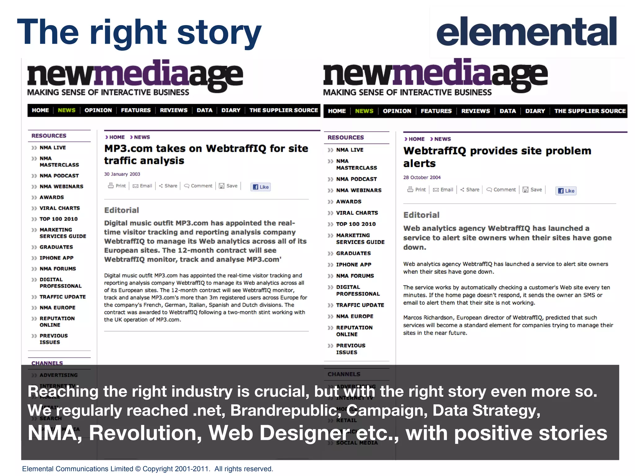 The right story Reaching the right industry is crucial, but with the right story even more so. We regularly reached .net, Brandrepublic, Campaign, Data Strategy, NMA, Revolution, Web Designer etc., with positive stories 
