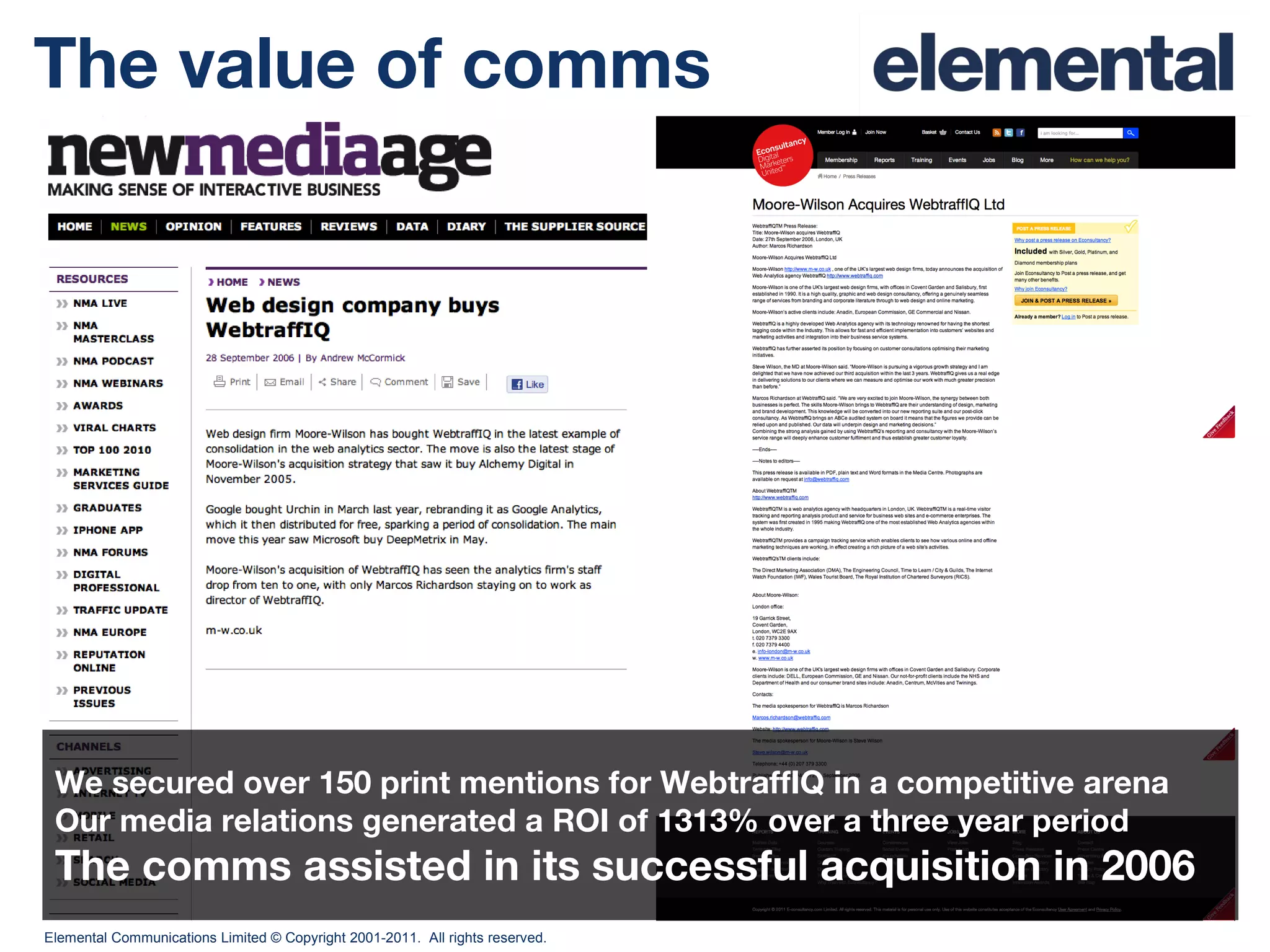 The value of comms We secured over 150 print mentions for WebtraffIQ in a competitive arena Our media relations generated a ROI of 1313% over a three year period The comms assisted in its successful acquisition in 2006 