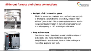 Slide-out furnace and clamp connections
22/10/2015 Elemental analysis of soils - webinar - 21
• Analysis of all combustion gases
All of the sample gas produced from combustion or pyrolysis
is directed to a single thermal conductivity detector (TCD)
without "gas splitting". This ensures quantitative and matrix-
independent determination of element concentrations even
in slowly digesting or difficult to digest substances.
• Easy maintenance
Easy-to-use clamp connections provide reliable sealing and
at the same time make maintenance easy and
straightforward. The slide-out furnaces make exchange of
reagents a quick and easy task.
 