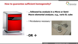 How to guarantee sufficient homogeneity?
22/10/2015 Elemental analysis of soils - webinar - 26
• …followed by analysis in a Micro or Semi-
Macro elemental analyzer, e.g., vario EL cube
• ! Microbalance necessary !
• OR 
 