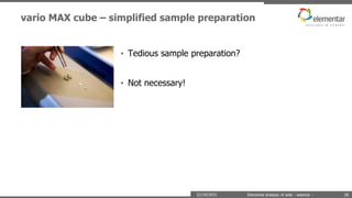 vario MAX cube – simplified sample preparation
22/10/2015 Elemental analysis of soils - webinar - 28
• Tedious sample preparation?
• Not necessary!
 
