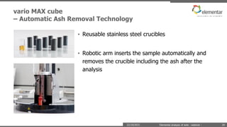 vario MAX cube
– Automatic Ash Removal Technology
22/10/2015 Elemental analysis of soils - webinar - 29
• Reusable stainless steel crucibles
• Robotic arm inserts the sample automatically and
removes the crucible including the ash after the
analysis
 
