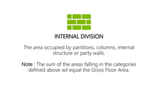 The area occupied by partitions, columns, internal
structure or party walls.
Note : The sum of the areas falling in the categories
defined above wil equal the Gross Floor Area.
INTERNAL DIVISION
 