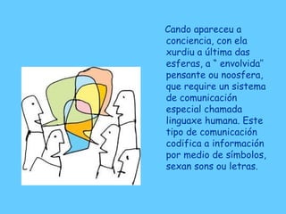 Cando apareceu a
conciencia, con ela
xurdiu a última das
esferas, a “ envolvida’’
pensante ou noosfera,
que require un sistema
de comunicación
especial chamada
linguaxe humana. Este
tipo de comunicación
codifica a información
por medio de símbolos,
sexan sons ou letras.
 