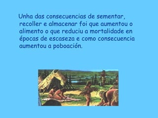 Unha das consecuencias de sementar,
recoller e almacenar foi que aumentou o
alimento o que reduciu a mortalidade en
épocas de escaseza e como consecuencia
aumentou a poboación.
 