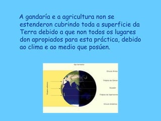 A gandaría e a agricultura non se
estenderon cubrindo toda a superficie da
Terra debido a que non todos os lugares
don apropiados para esta práctica, debido
ao clima e ao medio que posúen.
 