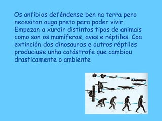 Os anfibios deféndense ben na terra pero
necesitan auga preto para poder vivir.
Empezan a xurdir distintos tipos de animais
como son os mamíferos, aves e réptiles. Coa
extinción dos dinosauros e outros réptiles
produciuse unha catástrofe que cambiou
drasticamente o ambiente
 