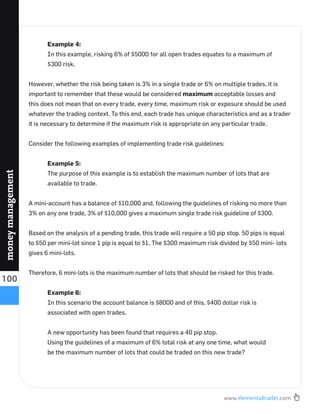 www.elementaltrader.com
100
moneymanagement
Example 4:
In this example, risking 6% of $5000 for all open trades equates to a maximum of
$300 risk.
However, whether the risk being taken is 3% in a single trade or 6% on multiple trades, it is
important to remember that these would be considered maximum acceptable losses and
this does not mean that on every trade, every time, maximum risk or exposure should be used
whatever the trading context. To this end, each trade has unique characteristics and as a trader
it is necessary to determine if the maximum risk is appropriate on any particular trade.
Consider the following examples of implementing trade risk guidelines:
Example 5:
The purpose of this example is to establish the maximum number of lots that are
available to trade.
A mini-account has a balance of $10,000 and, following the guidelines of risking no more than
3% on any one trade, 3% of $10,000 gives a maximum single trade risk guideline of $300.
Based on the analysis of a pending trade, this trade will require a 50 pip stop. 50 pips is equal
to $50 per mini-lot since 1 pip is equal to $1. The $300 maximum risk divided by $50 mini- lots
gives 6 mini-lots.
Therefore, 6 mini-lots is the maximum number of lots that should be risked for this trade.
Example 6:
In this scenario the account balance is $8000 and of this, $400 dollar risk is
associated with open trades.
A new opportunity has been found that requires a 40 pip stop.
Using the guidelines of a maximum of 6% total risk at any one time, what would
be the maximum number of lots that could be traded on this new trade?
 