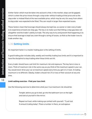 www.elementaltrader.com
18
introductionandharmonictradingmethodoverview
Anther factor which must be taken into account is that, in the market, stops can be gapped,
which is when the price moves through a stop order without trading at that price and so the
stop order is instead ﬁlled at the next available price, which may be very far away from where
to stop order was expected to be ﬁlled. This can result in larger than expected losses.
These factors mean that leverage should always be kept low, as sooner or later every trader
is to experience at least one stop gap. The key is to make sure that hitting a stop gap does not
altogether end the trader’s ability to trade. The only way to try and prevent that happening is to
ensure that leverage is kept low, even through a string of losses, so that so the trader lives to
trade another day.
1.35 Setting limits
An important factor in a master trading plan is the setting of limits.
A good trading plan includes daily, weekly and monthly trading loss limits and it is important to
have the discipline to stop trading when these limits are hit.
Every trader should have a set limit for maximum risk and exposure. The key here is less is
more. Think of maximum risk in the same way as you think of the maximum speed in your car.
You would never drive your car at maximum speed every time you get in it, if ever. A trading
maximum is no different. Ideally, traders should risk 1% or less of their account at any one
time.
Limit setting exercise - Find your loss limit
Use the following exercise to determine what your true maximum risk should be:
Tonight, before you go to bed, go into the bathroom turn on the light
and look at yourself in the mirror.
Repeat out loud, while making eye contact with yourself, “I just lost
X amount trading today”. Place a number in there, an outrageous
 