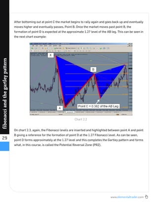 www.elementaltrader.com
29
fibonacciandthegartleypattern
After bottoming out at point C the market begins to rally again and goes back up and eventually
moves higher and eventually passes, Point B. Once the market moves past point B, the
formation of point D is expected at the approximate 1.27 level of the AB leg. This can be seen in
the next chart example:
On chart 2.3, again, the Fibonacci levels are inserted and highlighted between point A and point
B giving a reference for the formation of point D at the 1.27 Fibonacci level. As can be seen,
point D forms approximately at the 1.27 level and this completes the Gartley pattern and forms
what, in this course, is called the Potential Reversal Zone (PRZ).
Chart 2.2
 