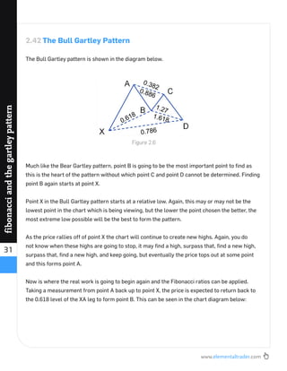 www.elementaltrader.com
31
fibonacciandthegartleypattern
2.42 The Bull Gartley Pattern
The Bull Gartley pattern is shown in the diagram below.
Much like the Bear Gartley pattern, point B is going to be the most important point to ﬁnd as
this is the heart of the pattern without which point C and point D cannot be determined. Finding
point B again starts at point X.
Point X in the Bull Gartley pattern starts at a relative low. Again, this may or may not be the
lowest point in the chart which is being viewing, but the lower the point chosen the better, the
most extreme low possible will be the best to form the pattern.
As the price rallies off of point X the chart will continue to create new highs. Again, you do
not know when these highs are going to stop, it may ﬁnd a high, surpass that, ﬁnd a new high,
surpass that, ﬁnd a new high, and keep going, but eventually the price tops out at some point
and this forms point A.
Now is where the real work is going to begin again and the Fibonacci ratios can be applied.
Taking a measurement from point A back up to point X, the price is expected to return back to
the 0.618 level of the XA leg to form point B. This can be seen in the chart diagram below:
Figure 2.6
 