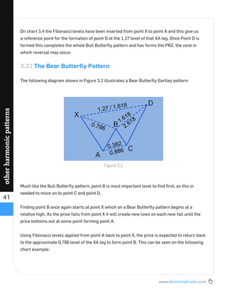 www.elementaltrader.com
41
otherharmonicpatterns
On chart 3.4 the Fibonacci levels have been inserted from point X to point A and this give us
a reference point for the formation of point D at the 1.27 level of that XA leg. Once Point D is
formed this completes the whole Bull Butterﬂy pattern and has forms the PRZ, the zone in
which reversal may occur.
3.22 The Bear Butterﬂy Pattern
The following diagram shown in Figure 3.2 illustrates a Bear Butterﬂy Gartley pattern:
Much like the Bull Butterﬂy pattern, point B is most important level to ﬁnd ﬁrst, as this in
needed to move on to point C and point D.
Finding point B once again starts at point X which on a Bear Butterﬂy pattern begins at a
relative high. As the price falls from point X it will create new lows on each new fall until the
price bottoms out at some point forming point A.
Using Fibonacci levels applied from point A back to point X, the price is expected to return back
to the approximate 0.786 level of the XA leg to form point B. This can be seen on the following
chart example:
Figure 3.2
 