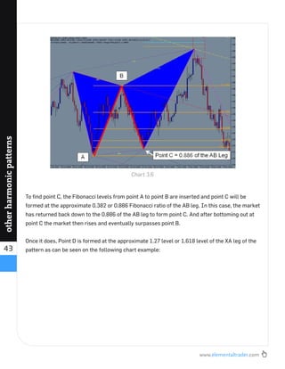 www.elementaltrader.com
43
otherharmonicpatterns
To ﬁnd point C, the Fibonacci levels from point A to point B are inserted and point C will be
formed at the approximate 0.382 or 0.886 Fibonacci ratio of the AB leg. In this case, the market
has returned back down to the 0.886 of the AB leg to form point C. And after bottoming out at
point C the market then rises and eventually surpasses point B.
Once it does, Point D is formed at the approximate 1.27 level or 1.618 level of the XA leg of the
pattern as can be seen on the following chart example:
Chart 3.6
 