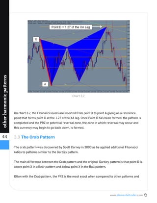 www.elementaltrader.com
44
otherharmonicpatterns
On chart 3.7, the Fibonacci levels are inserted from point X to point A giving us a reference
point that forms point D at the 1.27 of the XA leg. Once Point D has been formed, the pattern is
completed and the PRZ or potential reversal zone, the zone in which reversal may occur and
this currency may begin to go back down, is formed.
3.3 The Crab Pattern
The crab pattern was discovered by Scott Carney in 2000 as he applied additional Fibonacci
ratios to patterns similar to the Gartley pattern.
The main difference between the Crab pattern and the original Gartley pattern is that point D is
above point X in a Bear pattern and below point X in the Bull pattern.
Often with the Crab pattern, the PRZ is the most exact when compared to other patterns and
Chart 3.7
 