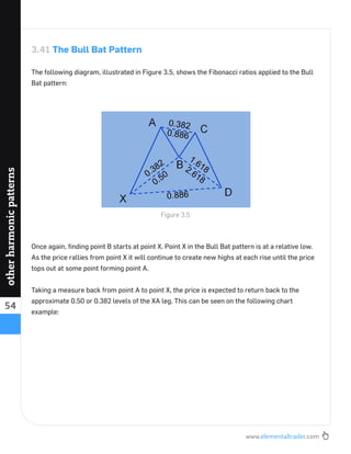www.elementaltrader.com
54
otherharmonicpatterns
3.41 The Bull Bat Pattern
The following diagram, illustrated in Figure 3.5, shows the Fibonacci ratios applied to the Bull
Bat pattern:
Once again, ﬁnding point B starts at point X. Point X in the Bull Bat pattern is at a relative low.
As the price rallies from point X it will continue to create new highs at each rise until the price
tops out at some point forming point A.
Taking a measure back from point A to point X, the price is expected to return back to the
approximate 0.50 or 0.382 levels of the XA leg. This can be seen on the following chart
example:
Figure 3.5
 