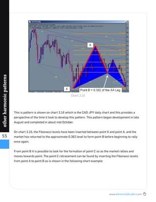 www.elementaltrader.com
55
otherharmonicpatterns
This is pattern is shown on chart 3.16 which is the CAD JPY daily chart and this provides a
perspective of the time it took to develop this pattern. This pattern began development in late
August and completed in about mid October.
On chart 3.16, the Fibonacci levels have been inserted between point X and point A, and the
market has returned to the approximate 0.382 level to form point B before beginning to rally
once again.
From point B it is possible to look for the formation of point C so as the market rallies and
moves towards point. The point C retracement can be found by inserting the Fibonacci levels
from point A to point B as is shown in the following chart example:
Chart 3.16
 