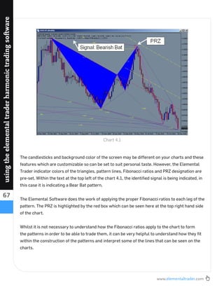 www.elementaltrader.com
67
usingtheelementaltraderharmonictradingsoftware
The candlesticks and background color of the screen may be different on your charts and these
features which are customizable so can be set to suit personal taste. However, the Elemental
Trader indicator colors of the triangles, pattern lines, Fibonacci ratios and PRZ designation are
pre-set. Within the text at the top left of the chart 4.1, the identiﬁed signal is being indicated, in
this case it is indicating a Bear Bat pattern.
The Elemental Software does the work of applying the proper Fibonacci ratios to each leg of the
pattern. The PRZ is highlighted by the red box which can be seen here at the top right hand side
of the chart.
Whilst it is not necessary to understand how the Fibonacci ratios apply to the chart to form
the patterns in order to be able to trade them, it can be very helpful to understand how they ﬁt
within the construction of the patterns and interpret some of the lines that can be seen on the
charts.
Chart 4.1
 