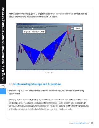 www.elementaltrader.com
70
usingtheelementaltraderharmonictradingsoftware
At this approximate ratio, point D, or potential reversal zone where reversal is most likely to
occur, is formed and this is shown in the chart 4.4 below:
4.3 Implementing Strategy and Procedure
The next step is to look at how these patterns, once identiﬁed, will become market entry
opportunities.
With any higher probability trading system there are rules that should be followed to ensure
the best possible results are achieved and the Elemental Trader system is no exception. In
particular, these rules to apply to risk to reward ratios, the scaling and trade entry procedures
and trade management methods to follow once your entry has been made.
Chart 4.4
 