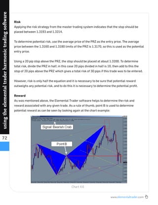 www.elementaltrader.com
72
usingtheelementaltraderharmonictradingsoftware
Risk
Applying the risk strategy from the master trading system indicates that the stop should be
placed between 1.3193 and 1.3214.
To determine potential risk, use the average price of the PRZ as the entry price. The average
price between the 1.3160 and 1.3180 limits of the PRZ is 1.3170, so this is used as the potential
entry price.
Using a 20 pip stop above the PRZ, the stop should be placed at about 1.3200. To determine
total risk, divide the PRZ in half, in this case 20 pips divided in half is 10, then add to this the
stop of 20 pips above the PRZ which gives a total risk of 30 pips if this trade was to be entered.
However, risk is only half the equation and it is necessary to be sure that potential reward
outweighs any potential risk, and to do this it is necessary to determine the potential proﬁt.
Reward
As was mentioned above, the Elemental Trader software helps to determine the risk and
reward associated with any given trade. As a rule of thumb, point B is used to determine
potential reward as can be seen by looking again at the chart example:
Chart 4.6
 