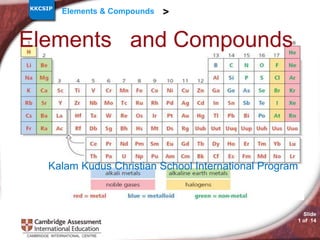 Elements & Compounds >
Slide
1 of 14
KKCSIP
Elements and Compounds
Kalam Kudus Christian School International Program
 