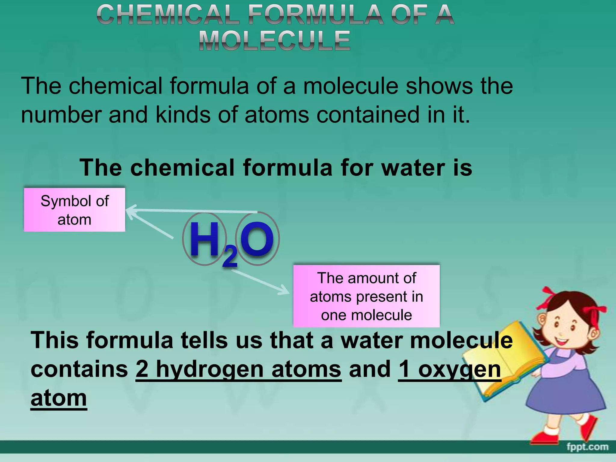 The chemical formula of a molecule shows the
number and kinds of atoms contained in it.

      The chemical formula for water is
 Symbol of
   atom


                          The amount of
                         atoms present in
                           one molecule
This formula tells us that a water molecule
contains 2 hydrogen atoms and 1 oxygen
atom
 