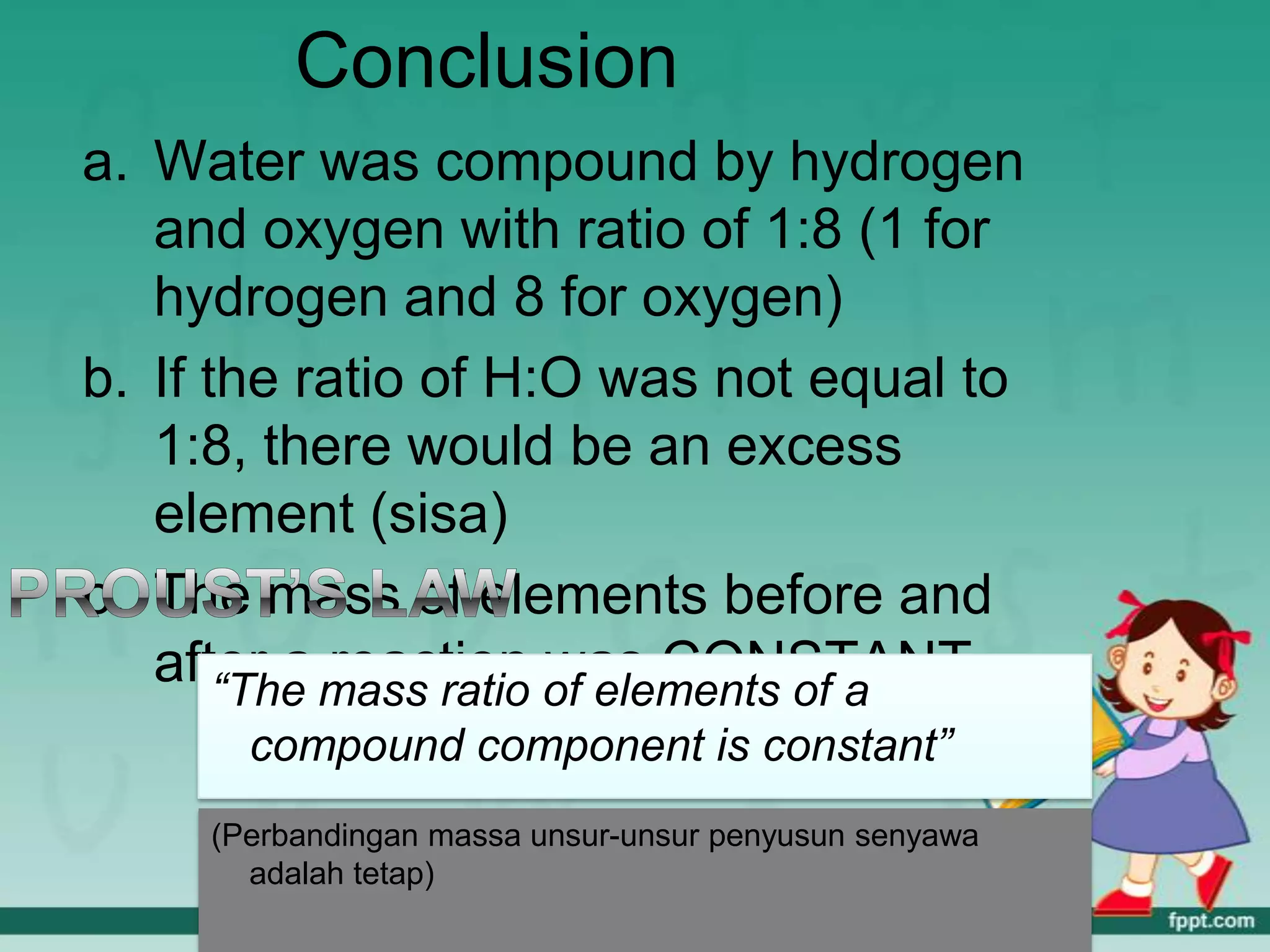 Conclusion
a. Water was compound by hydrogen
   and oxygen with ratio of 1:8 (1 for
   hydrogen and 8 for oxygen)
b. If the ratio of H:O was not equal to
   1:8, there would be an excess
   element (sisa)
c. The mass of elements before and
   after a mass ratio of elements of a
       “The
            reaction was CONSTANT
       compound component is constant”
     (Perbandingan massa unsur-unsur penyusun senyawa
       adalah tetap)
 