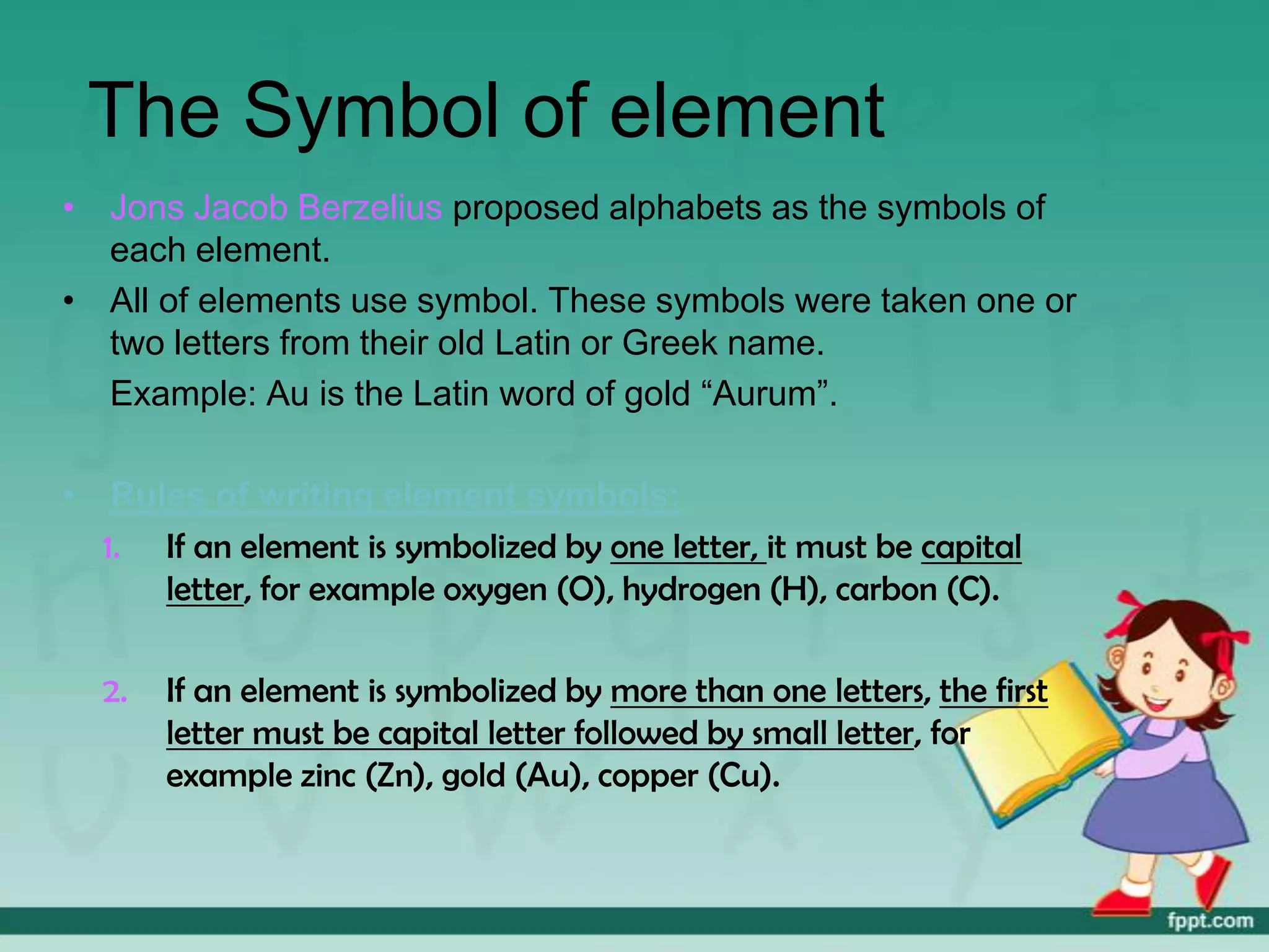 The Symbol of element
• Jons Jacob Berzelius proposed alphabets as the symbols of
  each element.
• All of elements use symbol. These symbols were taken one or
  two letters from their old Latin or Greek name.
  Example: Au is the Latin word of gold “Aurum”.

• Rules of writing element symbols:
  1. If an element is symbolized by one letter, it must be capital
     letter, for example oxygen (O), hydrogen (H), carbon (C).

  2.   If an element is symbolized by more than one letters, the first
       letter must be capital letter followed by small letter, for
       example zinc (Zn), gold (Au), copper (Cu).
 