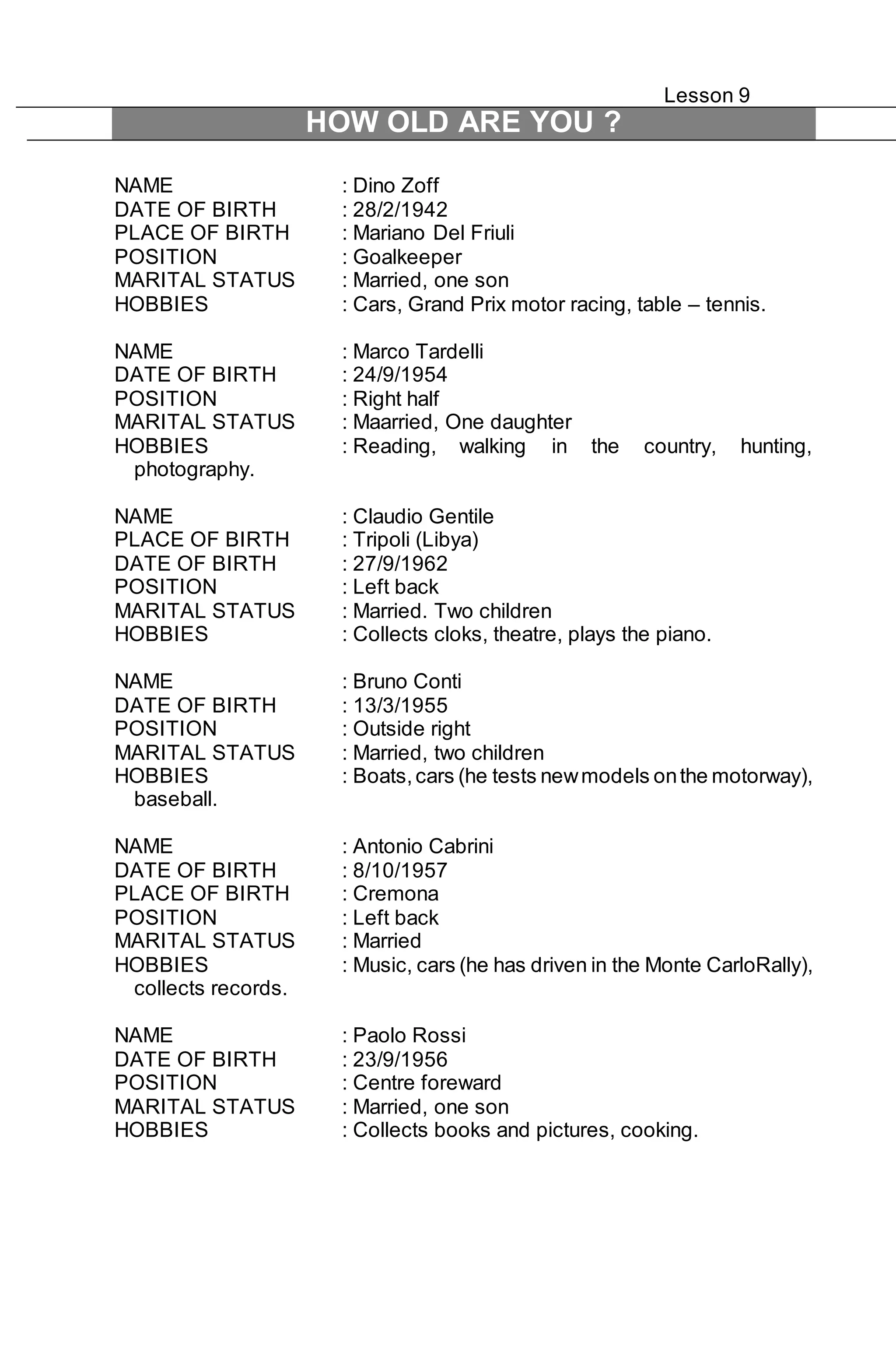 Lesson 9 
HOW OLD ARE YOU ? 
NAME : Dino Zoff 
DATE OF BIRTH : 28/2/1942 
PLACE OF BIRTH : Mariano Del Friuli 
POSITION : Goalkeeper 
MARITAL STATUS : Married, one son 
HOBBIES : Cars, Grand Prix motor racing, table – tennis. 
NAME : Marco Tardelli 
DATE OF BIRTH : 24/9/1954 
POSITION : Right half 
MARITAL STATUS : Maarried, One daughter 
HOBBIES : Reading, walking in the country, hunting, 
photography. 
NAME : Claudio Gentile 
PLACE OF BIRTH : Tripoli (Libya) 
DATE OF BIRTH : 27/9/1962 
POSITION : Left back 
MARITAL STATUS : Married. Two children 
HOBBIES : Collects cloks, theatre, plays the piano. 
NAME : Bruno Conti 
DATE OF BIRTH : 13/3/1955 
POSITION : Outside right 
MARITAL STATUS : Married, two children 
HOBBIES : Boats, cars (he tests new models on the motorway), 
baseball. 
NAME : Antonio Cabrini 
DATE OF BIRTH : 8/10/1957 
PLACE OF BIRTH : Cremona 
POSITION : Left back 
MARITAL STATUS : Married 
HOBBIES : Music, cars (he has driven in the Monte CarloRally), 
collects records. 
NAME : Paolo Rossi 
DATE OF BIRTH : 23/9/1956 
POSITION : Centre foreward 
MARITAL STATUS : Married, one son 
HOBBIES : Collects books and pictures, cooking. 
 