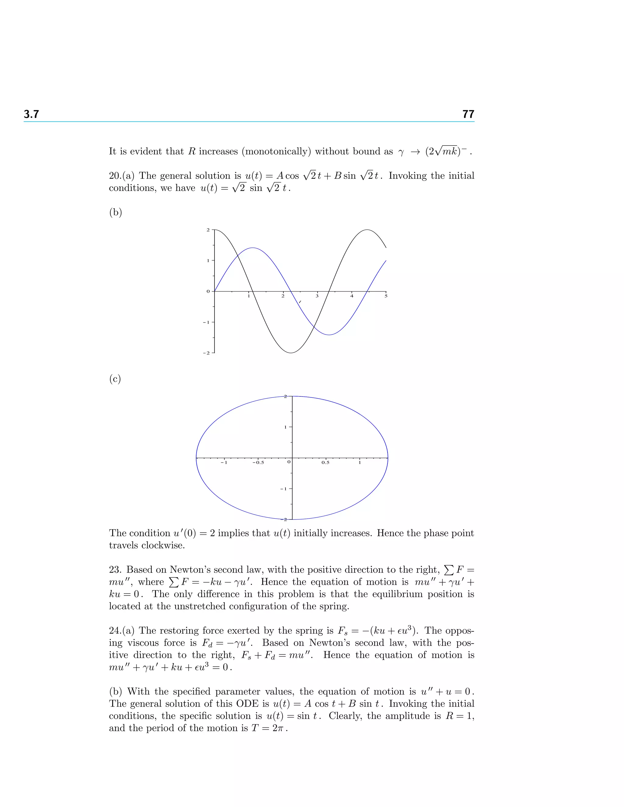 3.7 77
It is evident that R increases (monotonically) without bound as γ → (2
√
mk)−
.
20.(a) The general solution is u(t) = A cos
√
2 t + B sin
√
2 t . Invoking the initial
conditions, we have u(t) =
√
2 sin
√
2 t .
(b)
(c)
The condition u (0) = 2 implies that u(t) initially increases. Hence the phase point
travels clockwise.
23. Based on Newton’s second law, with the positive direction to the right, F =
mu , where F = −ku − γu . Hence the equation of motion is mu + γu +
ku = 0 . The only diﬀerence in this problem is that the equilibrium position is
located at the unstretched conﬁguration of the spring.
24.(a) The restoring force exerted by the spring is Fs = −(ku + u3
). The oppos-
ing viscous force is Fd = −γu . Based on Newton’s second law, with the pos-
itive direction to the right, Fs + Fd = mu . Hence the equation of motion is
mu + γu + ku + u3
= 0 .
(b) With the speciﬁed parameter values, the equation of motion is u + u = 0 .
The general solution of this ODE is u(t) = A cos t + B sin t . Invoking the initial
conditions, the speciﬁc solution is u(t) = sin t . Clearly, the amplitude is R = 1,
and the period of the motion is T = 2π .
 