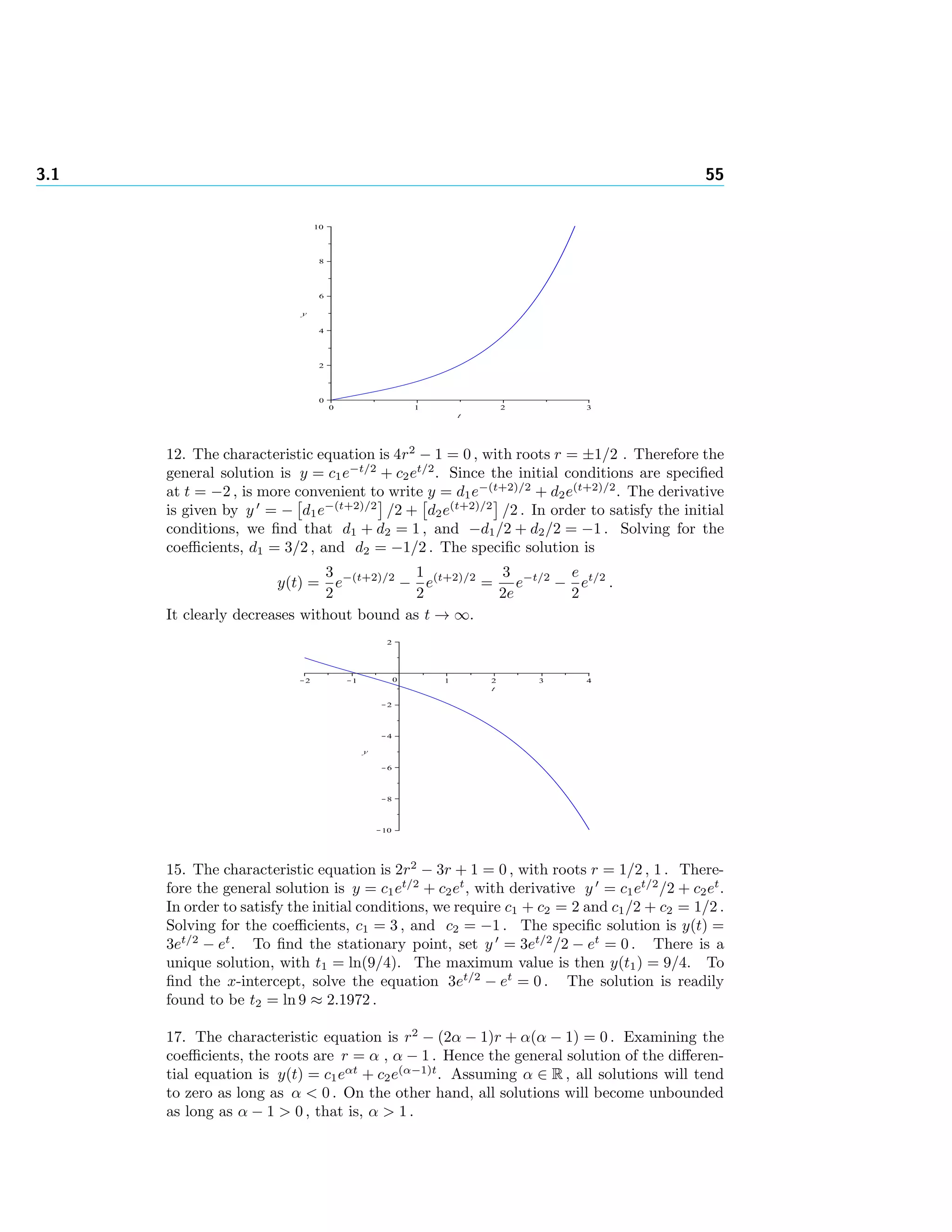 3.1 55
12. The characteristic equation is 4r2
− 1 = 0 , with roots r = ±1/2 . Therefore the
general solution is y = c1e−t/2
+ c2et/2
. Since the initial conditions are speciﬁed
at t = −2 , is more convenient to write y = d1e−(t+2)/2
+ d2e(t+2)/2
. The derivative
is given by y = − d1e−(t+2)/2
/2 + d2e(t+2)/2
/2 . In order to satisfy the initial
conditions, we ﬁnd that d1 + d2 = 1 , and −d1/2 + d2/2 = −1 . Solving for the
coeﬃcients, d1 = 3/2 , and d2 = −1/2 . The speciﬁc solution is
y(t) =
3
2
e−(t+2)/2
−
1
2
e(t+2)/2
=
3
2e
e−t/2
−
e
2
et/2
.
It clearly decreases without bound as t → ∞.
15. The characteristic equation is 2r2
− 3r + 1 = 0 , with roots r = 1/2 , 1 . There-
fore the general solution is y = c1et/2
+ c2et
, with derivative y = c1et/2
/2 + c2et
.
In order to satisfy the initial conditions, we require c1 + c2 = 2 and c1/2 + c2 = 1/2 .
Solving for the coeﬃcients, c1 = 3 , and c2 = −1 . The speciﬁc solution is y(t) =
3et/2
− et
. To ﬁnd the stationary point, set y = 3et/2
/2 − et
= 0 . There is a
unique solution, with t1 = ln(9/4). The maximum value is then y(t1) = 9/4. To
ﬁnd the x-intercept, solve the equation 3et/2
− et
= 0 . The solution is readily
found to be t2 = ln 9 ≈ 2.1972 .
17. The characteristic equation is r2
− (2α − 1)r + α(α − 1) = 0 . Examining the
coeﬃcients, the roots are r = α , α − 1 . Hence the general solution of the diﬀeren-
tial equation is y(t) = c1eαt
+ c2e(α−1)t
. Assuming α ∈ R , all solutions will tend
to zero as long as α < 0 . On the other hand, all solutions will become unbounded
as long as α − 1 > 0 , that is, α > 1 .
 
