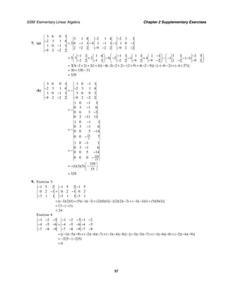 SSM: Elementary Linear Algebra Chapter 2 Supplementary Exercises
57
7. (a)
3 6 0 1
3 1 4 2 1 4 2 3 1
2 3 1 4
3 0 1 1 6 1 1 1 1 1 0 1
1 0 1 1
2 2 2 9 2 2 9 2 2
9 2 2 2
1 1 1 4 1 1 1 1 1 1 3 1 2 3
3 3 2 6 2 1 4 1 1
2 2 1 1 2 2 9 2 9 2 2 2 9 2
3 3 2 2 2 1 4 6 2 2 2 2 9 4 2 9 6 2 4
( )
[ ( ) ( )] [ ( ) ( ) ( )] [ ( ) (
− −
−
= − − − − −
−
− − − − −
− −
⎛ ⎞ ⎛ ⎞ ⎛ ⎞
− − − −
= + − − − + − − − −
⎜ ⎟ ⎜ ⎟ ⎜ ⎟
− − − − − − − −
⎝ ⎠ ⎝ ⎠ ⎝ ⎠
= − + + + − − − + − + + − − − − − − + − + 27
30 330 31
329
)]
= + −
=
(b)
31
3
329
15
3 6 0 1 1 0 1 1
2 3 1 4 2 3 1 4
1 0 1 1 3 6 0 1
9 2 2 2 9 2 2 2
1 0 1 1
0 3 1 6
0 6 3 2
0 2 11 11
1 0 1 1
0 3 1 6
0 0 5 14
0 0 7
1 0 1 1
0 3 1 6
0 0 5 14
0 0 0
329
1 3 5
15
329
( )( )( )
−
− −
= −
−
− − − −
−
−
= −
−
−
−
−
= − −
−
−
−
= − −
−
⎛ ⎞
= − −
⎜ ⎟
⎝ ⎠
=
9. Exercise 3:
1 5 2 1 5 2 1 5
0 2 1 0 2 1 0 2
3 1 1 3 1 1 3 1
1 2 1 5 1 3 2 0 1 2 2 3 1 1 1 5 0 1
13 11
24
[( )( )( ) ( )( )( ) ( )( )( )] [( )( )( ) ( )( )( ) ( )( )( )]
( )
− − −
− = −
− − −
= − + − − + − − + − − +
= − −
=
Exercise 4:
1 2 3 1 2 3 1 2
4 5 6 4 5 6 4 5
7 8 9 7 8 9 7 8
1 5 9 2 6 7 3 4 8 3 5 7 1 6 8 2 4 9
225 225
0
[( )( )( ) ( )( )( ) ( )( )( )] [( )( )( ) ( )( )( ) ( )( )( )]
( )
− − − − − − − −
− − − = − − − − −
− − − − − − − −
= − − − + − − − + − − − − − − − + − − − + − − −
= − − −
=
 