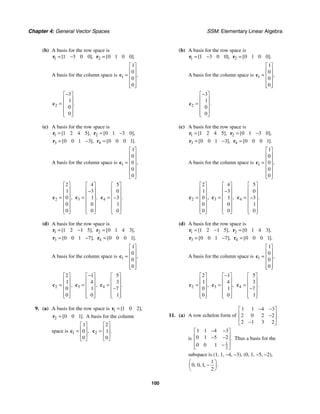 Chapter 4: General Vector Spaces SSM: Elementary Linear Algebra
100
(b) A basis for the row space is
1 1 3 0 0
[ ],
= −
r 2 0 1 0 0
[ ].
=
r
A basis for the column space is 1
1
0
0
0
,
⎡ ⎤
⎢ ⎥
= ⎢ ⎥
⎢ ⎥
⎢ ⎥
⎣ ⎦
c
2
3
1
0
0
.
−
⎡ ⎤
⎢ ⎥
= ⎢ ⎥
⎢ ⎥
⎢ ⎥
⎣ ⎦
c
(c) A basis for the row space is
1 1 2 4 5
[ ],
=
r 2 0 1 3 0
[ ],
= −
r
3 0 0 1 3
[ ],
= −
r 4 0 0 0 1
[ ].
=
r
A basis for the column space is 1
1
0
0
0
0
,
⎡ ⎤
⎢ ⎥
⎢ ⎥
= ⎢ ⎥
⎢ ⎥
⎢ ⎥
⎣ ⎦
c
2
2
1
0
0
0
,
⎡ ⎤
⎢ ⎥
⎢ ⎥
= ⎢ ⎥
⎢ ⎥
⎢ ⎥
⎣ ⎦
c 3
4
3
1
0
0
,
⎡ ⎤
⎢ ⎥
−
⎢ ⎥
= ⎢ ⎥
⎢ ⎥
⎢ ⎥
⎣ ⎦
c 4
5
0
3
1
0
.
⎡ ⎤
⎢ ⎥
⎢ ⎥
= −
⎢ ⎥
⎢ ⎥
⎢ ⎥
⎣ ⎦
c
(d) A basis for the row space is
1 1 2 1 5
[ ],
= −
r 2 0 1 4 3
[ ],
=
r
3 0 0 1 7
[ ],
= −
r 4 0 0 0 1
[ ].
=
r
A basis for the column space is 1
1
0
0
0
,
⎡ ⎤
⎢ ⎥
= ⎢ ⎥
⎢ ⎥
⎢ ⎥
⎣ ⎦
c
2
2
1
0
0
,
⎡ ⎤
⎢ ⎥
= ⎢ ⎥
⎢ ⎥
⎢ ⎥
⎣ ⎦
c 3
1
4
1
0
,
−
⎡ ⎤
⎢ ⎥
= ⎢ ⎥
⎢ ⎥
⎢ ⎥
⎣ ⎦
c 4
5
3
7
1
.
⎡ ⎤
⎢ ⎥
= ⎢ ⎥
−
⎢ ⎥
⎢ ⎥
⎣ ⎦
c
9. (a) A basis for the row space is 1 1 0 2
[ ],
=
r
2 0 0 1
[ ].
=
r A basis for the column
space is 1
1
0
0
,
⎡ ⎤
⎢ ⎥
=
⎢ ⎥
⎣ ⎦
c 2
2
1
0
.
⎡ ⎤
⎢ ⎥
=
⎢ ⎥
⎣ ⎦
c
(b) A basis for the row space is
1 1 3 0 0
[ ],
= −
r 2 0 1 0 0
[ ].
=
r
A basis for the column space is 1
1
0
0
0
,
⎡ ⎤
⎢ ⎥
= ⎢ ⎥
⎢ ⎥
⎢ ⎥
⎣ ⎦
c
2
3
1
0
0
.
−
⎡ ⎤
⎢ ⎥
= ⎢ ⎥
⎢ ⎥
⎢ ⎥
⎣ ⎦
c
(c) A basis for the row space is
1 1 2 4 5
[ ],
=
r 2 0 1 3 0
[ ],
= −
r
3 0 0 1 3
[ ],
= −
r 4 0 0 0 1
[ ].
=
r
A basis for the column space is 1
1
0
0
0
0
,
⎡ ⎤
⎢ ⎥
⎢ ⎥
= ⎢ ⎥
⎢ ⎥
⎢ ⎥
⎣ ⎦
c
2
2
1
0
0
0
,
⎡ ⎤
⎢ ⎥
⎢ ⎥
= ⎢ ⎥
⎢ ⎥
⎢ ⎥
⎣ ⎦
c 3
4
3
1
0
0
,
⎡ ⎤
⎢ ⎥
−
⎢ ⎥
= ⎢ ⎥
⎢ ⎥
⎢ ⎥
⎣ ⎦
c 4
5
0
3
1
0
.
⎡ ⎤
⎢ ⎥
⎢ ⎥
= −
⎢ ⎥
⎢ ⎥
⎢ ⎥
⎣ ⎦
c
(d) A basis for the row space is
1 1 2 1 5
[ ],
= −
r 2 0 1 4 3
[ ],
=
r
3 0 0 1 7
[ ],
= −
r 4 0 0 0 1
[ ].
=
r
A basis for the column space is 1
1
0
0
0
,
⎡ ⎤
⎢ ⎥
= ⎢ ⎥
⎢ ⎥
⎢ ⎥
⎣ ⎦
c
2
2
1
0
0
,
⎡ ⎤
⎢ ⎥
= ⎢ ⎥
⎢ ⎥
⎢ ⎥
⎣ ⎦
c 3
1
4
1
0
,
−
⎡ ⎤
⎢ ⎥
= ⎢ ⎥
⎢ ⎥
⎢ ⎥
⎣ ⎦
c 4
5
3
7
1
.
⎡ ⎤
⎢ ⎥
= ⎢ ⎥
−
⎢ ⎥
⎢ ⎥
⎣ ⎦
c
11. (a) A row echelon form of
1 1 4 3
2 0 2 2
2 1 3 2
− −
⎡ ⎤
⎢ ⎥
−
⎢ ⎥
−
⎣ ⎦
is
1
2
1 1 4 3
0 1 5 2
0 0 1
.
− −
⎡ ⎤
⎢ ⎥
− −
⎢ ⎥
−
⎢ ⎥
⎣ ⎦
Thus a basis for the
subspace is (1, 1, −4, −3), (0, 1, −5, −2),
1
0 0 1
2
.
, , ,
⎛ ⎞
−
⎜ ⎟
⎝ ⎠
 