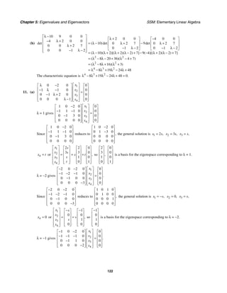 Chapter 5: Eigenvalues and Eigenvectors SSM: Elementary Linear Algebra
122
(b)
10 9 0 0
4 2 0 0
0 0 2 7
0 0 1 2
det
λ −
⎡ ⎤
⎢ ⎥
− λ +
⎢ ⎥
λ +
⎢ ⎥
− λ −
⎢ ⎥
⎣ ⎦
2 2
2 2
4 3 2
2 0 0 4 0 0
10 9
0 2 7 0 2 7
0 1 2 0 1 2
10 2 2 2 7 9 4 2 2 7
8 20 36 4 7
8 16 3
8 19 24 48
( )det det
( )( )[( )( ) ] ( )[( )( ) ]
( )( )
( )( )
λ + −
⎡ ⎤ ⎡ ⎤
⎢ ⎥ ⎢ ⎥
= λ − −
λ + λ +
⎢ ⎥ ⎢ ⎥
− λ − − λ −
⎣ ⎦ ⎣ ⎦
= λ − λ + λ + λ − + − − λ + λ − +
= λ − λ − + λ − +
= λ − λ + λ +
= λ − λ + λ − λ +
The characteristic equation is 4 3 2
8 19 24 48 0.
λ − λ + λ − λ + =
11. (a)
1
2
3
4
0 2 0 0
1 1 0 0
0 1 2 0 0
0 0 0 1 0
x
x
x
x
⎡ ⎤
λ −
⎡ ⎤ ⎡ ⎤
⎢ ⎥
⎢ ⎥ ⎢ ⎥
− λ −
⎢ ⎥ =
⎢ ⎥ ⎢ ⎥
− λ + ⎢ ⎥
⎢ ⎥ ⎢ ⎥
⎢ ⎥
λ −
⎢ ⎥ ⎢ ⎥
⎣ ⎦ ⎣ ⎦
⎣ ⎦
λ = 1 gives
1
2
3
4
1 0 2 0 0
1 1 1 0 0
0 1 3 0 0
0 0 0 0 0
.
x
x
x
x
⎡ ⎤
−
⎡ ⎤ ⎡ ⎤
⎢ ⎥
⎢ ⎥ ⎢ ⎥
− −
⎢ ⎥ =
⎢ ⎥ ⎢ ⎥
− ⎢ ⎥
⎢ ⎥ ⎢ ⎥
⎢ ⎥
⎢ ⎥ ⎢ ⎥
⎣ ⎦ ⎣ ⎦
⎣ ⎦
Since
1 0 2 0
1 1 1 0
0 1 3 0
0 0 0 0
−
⎡ ⎤
⎢ ⎥
− −
⎢ ⎥
−
⎢ ⎥
⎢ ⎥
⎣ ⎦
reduces to
1 0 2 0
0 1 3 0
0 0 0 0
0 0 0 0
,
−
⎡ ⎤
⎢ ⎥
−
⎢ ⎥
⎢ ⎥
⎢ ⎥
⎣ ⎦
the general solution is 1 2 ,
x s
= 2 3 ,
x s
= 3 ,
x s
=
4
x t
= or
1
2
3
4
2 2 0
3 3 0
1 0
0 1
,
x s
x s
s t
x s
t
x
⎡ ⎤ ⎡ ⎤ ⎡ ⎤ ⎡ ⎤
⎢ ⎥ ⎢ ⎥ ⎢ ⎥ ⎢ ⎥
⎢ ⎥ = = +
⎢ ⎥ ⎢ ⎥ ⎢ ⎥
⎢ ⎥ ⎢ ⎥ ⎢ ⎥ ⎢ ⎥
⎢ ⎥ ⎢ ⎥ ⎢ ⎥ ⎢ ⎥
⎣ ⎦ ⎣ ⎦ ⎣ ⎦
⎣ ⎦
so
2
3
1
0
,
⎡ ⎤
⎢ ⎥
⎢ ⎥
⎢ ⎥
⎢ ⎥
⎣ ⎦
0
0
0
1
⎡ ⎤
⎢ ⎥
⎢ ⎥
⎢ ⎥
⎢ ⎥
⎣ ⎦
is a basis for the eigenspace corresponding to λ = 1.
λ = −2 gives
1
2
3
4
2 0 2 0 0
1 2 1 0 0
0 1 0 0 0
0 0 0 3 0
.
x
x
x
x
⎡ ⎤
− −
⎡ ⎤ ⎡ ⎤
⎢ ⎥
⎢ ⎥ ⎢ ⎥
− − −
⎢ ⎥ =
⎢ ⎥ ⎢ ⎥
− ⎢ ⎥
⎢ ⎥ ⎢ ⎥
⎢ ⎥
−
⎢ ⎥ ⎢ ⎥
⎣ ⎦ ⎣ ⎦
⎣ ⎦
Since
2 0 2 0
1 2 1 0
0 1 0 0
0 0 0 3
− −
⎡ ⎤
⎢ ⎥
− − −
⎢ ⎥
−
⎢ ⎥
−
⎢ ⎥
⎣ ⎦
reduces to
1 0 1 0
0 1 0 0
0 0 0 1
0 0 0 0
,
⎡ ⎤
⎢ ⎥
⎢ ⎥
⎢ ⎥
⎢ ⎥
⎣ ⎦
the general solution is 1 ,
x s
= − 2 0,
x = 3 ,
x s
=
4 0
x = or
1
2
3
4
1
0 0
1
0 0
,
x s
x
s
x s
x
⎡ ⎤ − −
⎡ ⎤ ⎡ ⎤
⎢ ⎥ ⎢ ⎥ ⎢ ⎥
⎢ ⎥ = =
⎢ ⎥ ⎢ ⎥
⎢ ⎥ ⎢ ⎥ ⎢ ⎥
⎢ ⎥ ⎢ ⎥ ⎢ ⎥
⎣ ⎦ ⎣ ⎦
⎣ ⎦
so
1
0
1
0
−
⎡ ⎤
⎢ ⎥
⎢ ⎥
⎢ ⎥
⎢ ⎥
⎣ ⎦
is a basis for the eigenspace corresponding to λ = −2.
λ = −1 gives
1
2
3
4
1 0 2 0 0
1 1 1 0 0
0 1 1 0 0
0 0 0 2 0
.
x
x
x
x
⎡ ⎤
− −
⎡ ⎤ ⎡ ⎤
⎢ ⎥
⎢ ⎥ ⎢ ⎥
− − −
⎢ ⎥ =
⎢ ⎥ ⎢ ⎥
− ⎢ ⎥
⎢ ⎥ ⎢ ⎥
⎢ ⎥
−
⎢ ⎥ ⎢ ⎥
⎣ ⎦ ⎣ ⎦
⎣ ⎦
 