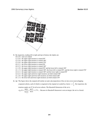 SSM: Elementary Linear Algebra Section 10.13
241
2"
15"
16
s3
s1
s2
s4
3. By inspection, reading left to right and top to bottom, the triplets are:
(0, 0, 0) none are rotated
(1, 0, 0) the upper right iteration is rotated 90°
(2, 0, 0) the upper right iteration is rotated 180°
(3, 0, 0) the upper right iteration is rotated 270°
(0, 0, 1) the lower right iteration is rotated 90°
(0, 0, 2) the lower right iteration is rotated 180°
(1, 2, 0) the upper right iteration is rotated 90° and the lower left is rotated 180°
(2, 1, 3) the upper right iteration is rotated 180°, the lower left is rotated 90°, and the lower right is rotated 270°
(2, 0, 1) the upper right iteration is rotated 180° and the lower right is rotated 90°
(2, 0, 2) the upper right and lower right iterations are both rotated 180°
(2, 2, 0) the upper right and lower left iterations are both rotated 180°
(0, 3, 3) the lower left and lower right iterations are both rotated 270°
4. (a) The figure shows the original self-similar set and a decomposition of the set into seven nonoverlapping
congruent subsets, each of which is congruent to the original set scaled by a factor
1
3
.
s = By inspection, the
rotations angles are 0° for all seven subsets. The Hausdorff dimension of the set is
( )
1
7
1 771
3
ln( ) ln( )
( ) . ....
ln( )
ln
H
s
k
d S = = = Because its Hausdorff dimension is not an integer, the set is a fractal.
 