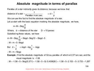199
Absolute magnitude in terms of parallax
    1.267
3.733
-
5
2.153
-
5
-1.58
0.430626
-
5
5
-1.58
0.371
5log
5
-1.58
M
1.58
-
is
magnitude
visual
the
and
sec.
arc
0.371
is
which
of
parallax
Sirius,
of
magnitude
absolute
the
Find
5logp
m
M
logp
p
1
log
logd
p
1
d
But
5logd
-
5
m
M
5
-
5logd
5log10
-
5logd
10
d
5log
M
-
m
have
we
values,
these
ng
Substituti
parsec
10
D
star
the
of
distance
d
Where,
D
d
5log
M
-
m
have,
we
magnitude,
absolute
the
involving
equation
basic
the
with
start
us
Let
star.
a
of
magnitude
absolute
the
find
to
fact
this
use
can
We
p
1
d
sec.
arc
in
Parallax
1
star
a
of
distance
that
know
we
because
distance,
its
gives
indirectly
star
a
of
Parallax































:
Example
Sukalyan Bachhar, Senior curator, National Museum of Science & Technology, Bangladesh
 